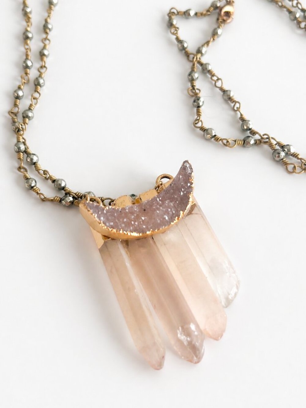 Quartz Crystal Point Druzy Moon Pendant Necklace | Natural Stone Boho